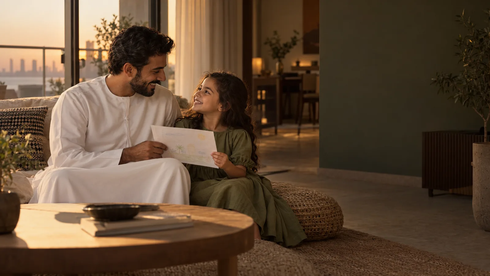 مشهد عائلي مولّد لأب وابنته يضحكان معًا في بيت إماراتي دافئ.