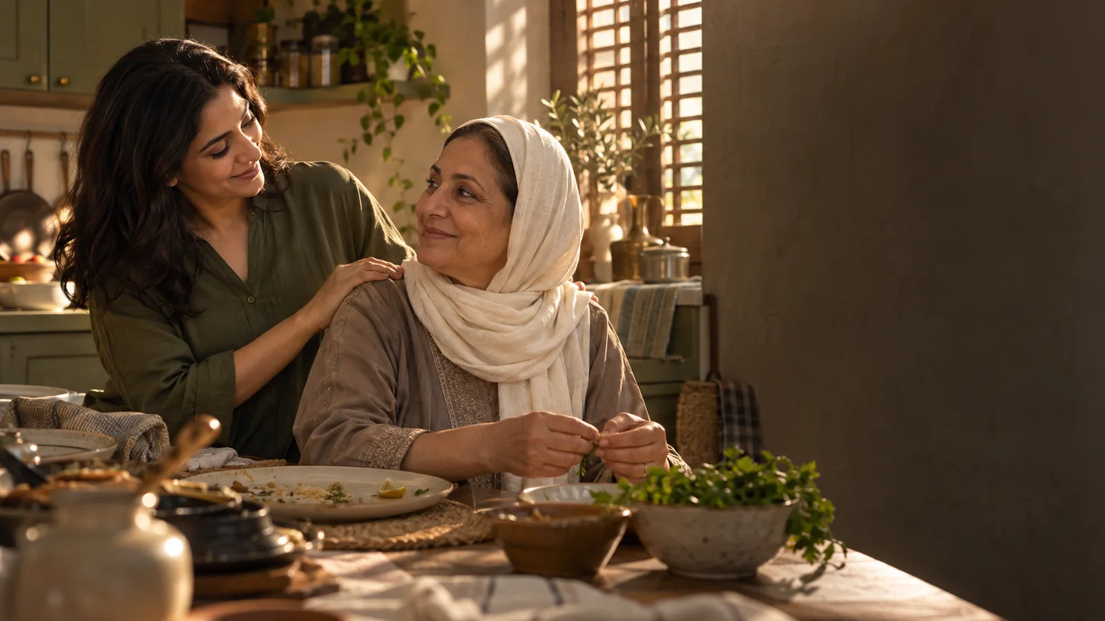 Generated scene of a daughter and her mother cooking together at home in Bahrain.