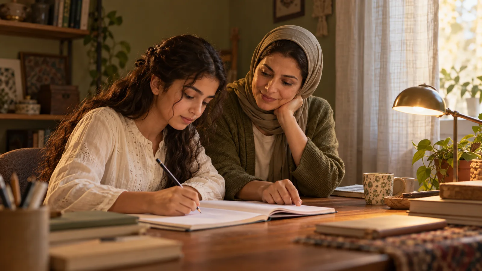 مشهد مولّد لأم تساعد ابنتها المراهقة على الدراسة في بيت دافئ.