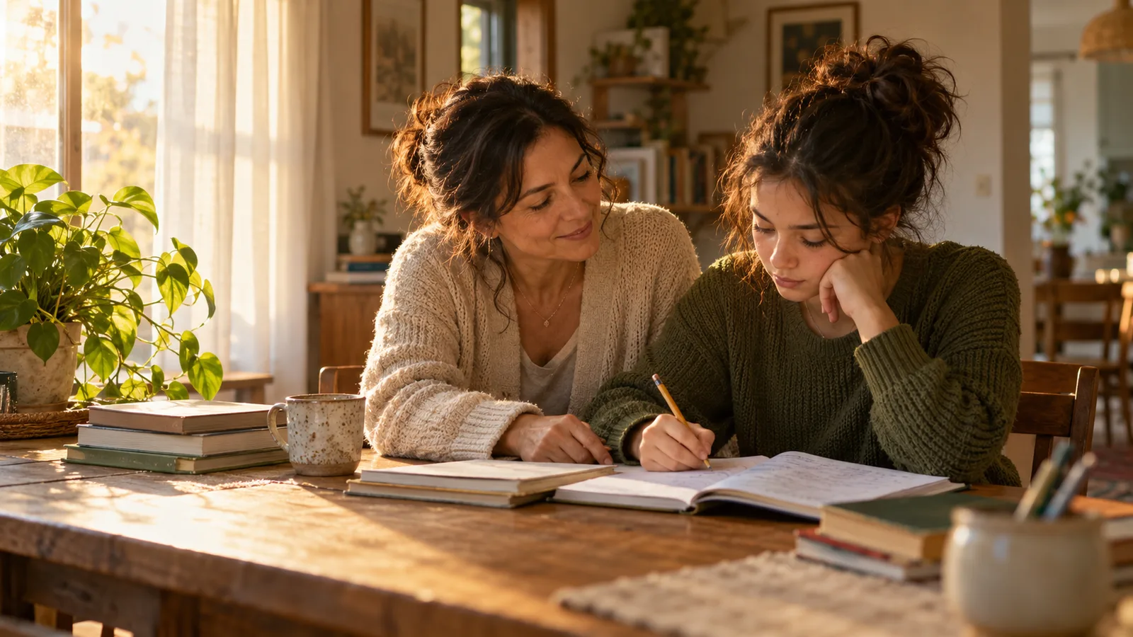 Generated scene of a parent helping a teenager study at a warm home desk.