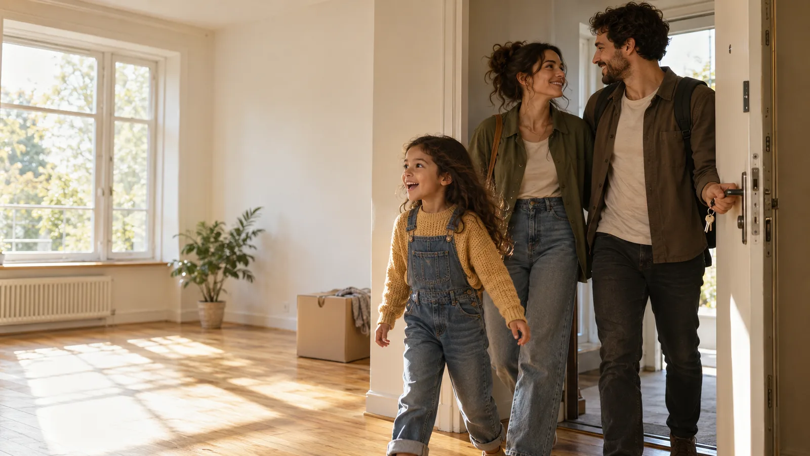 Generated scene of a couple and their child arriving at a modest new home with the keys.