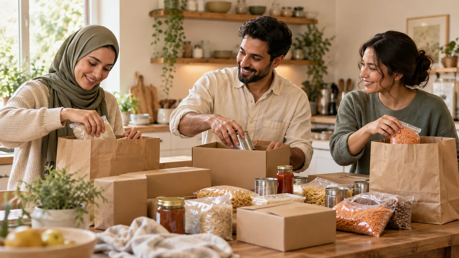 Generated editorial scene of Muslim neighbours preparing food parcels together in a shared kitchen, expressing community and care.