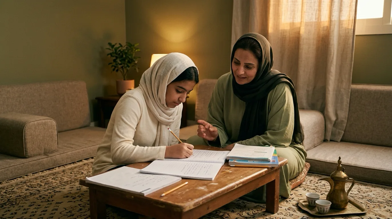 Generated scene of a parent helping a teenager study at a warm home desk.