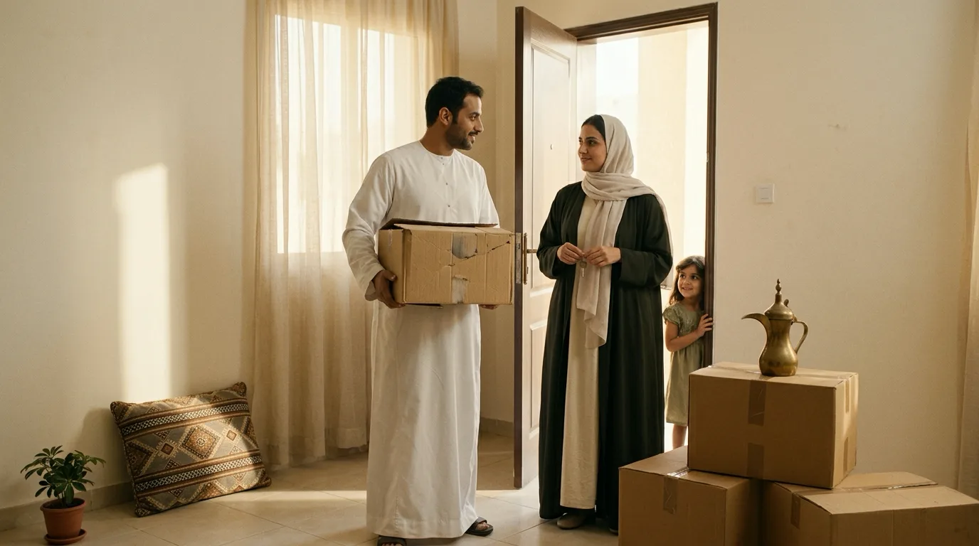 Generated scene of a couple and their child arriving at a modest new home with the keys.
