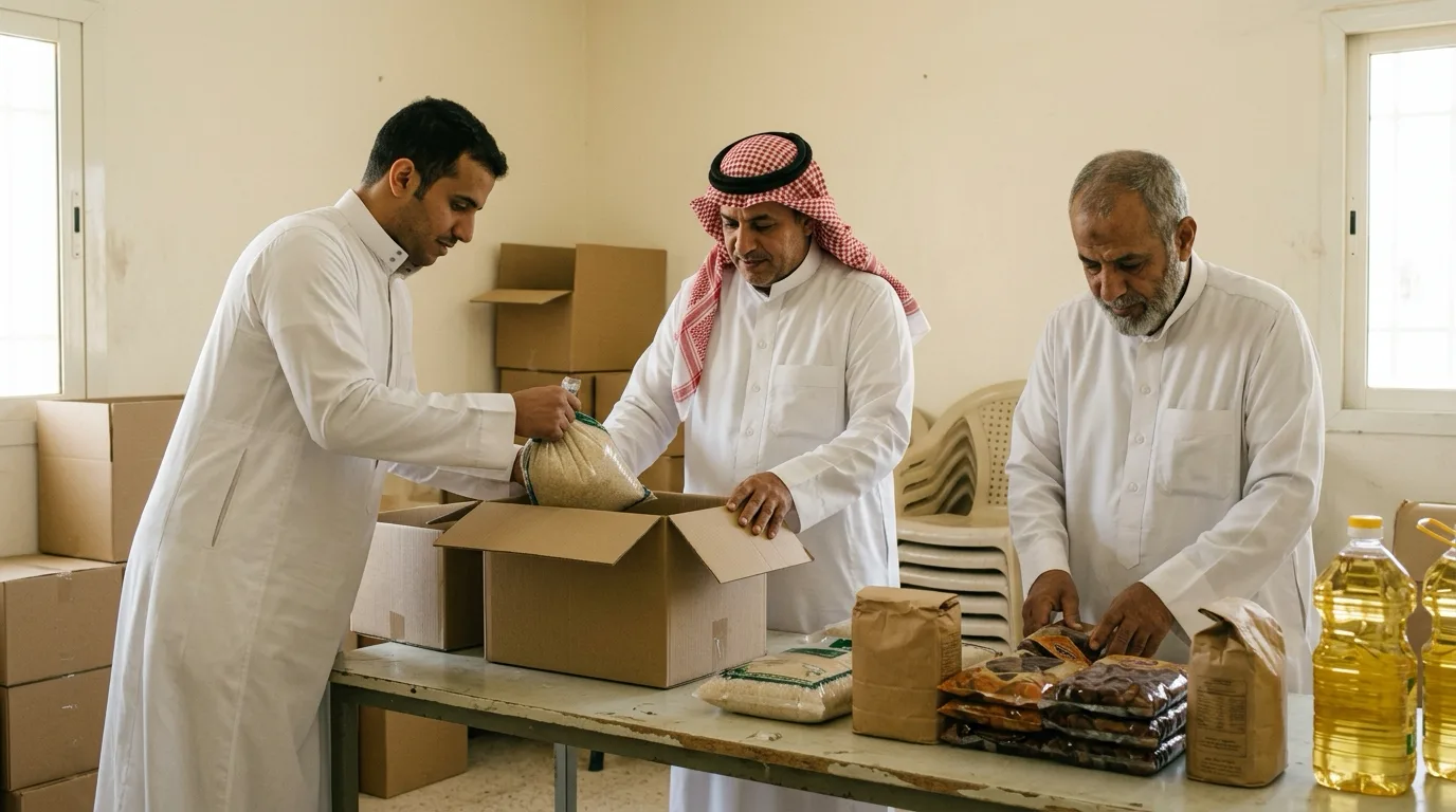 Generated editorial scene of Muslim neighbours preparing food parcels together in a shared kitchen, expressing community and care.