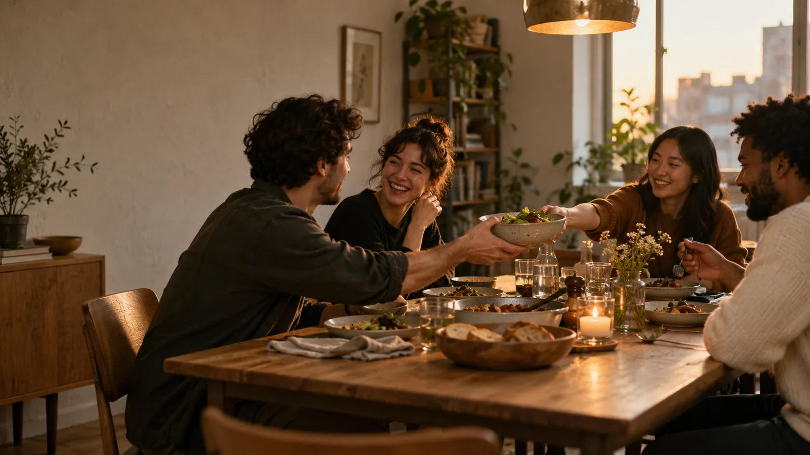 Generated scene of friends sharing a simple supper in a warm city apartment.