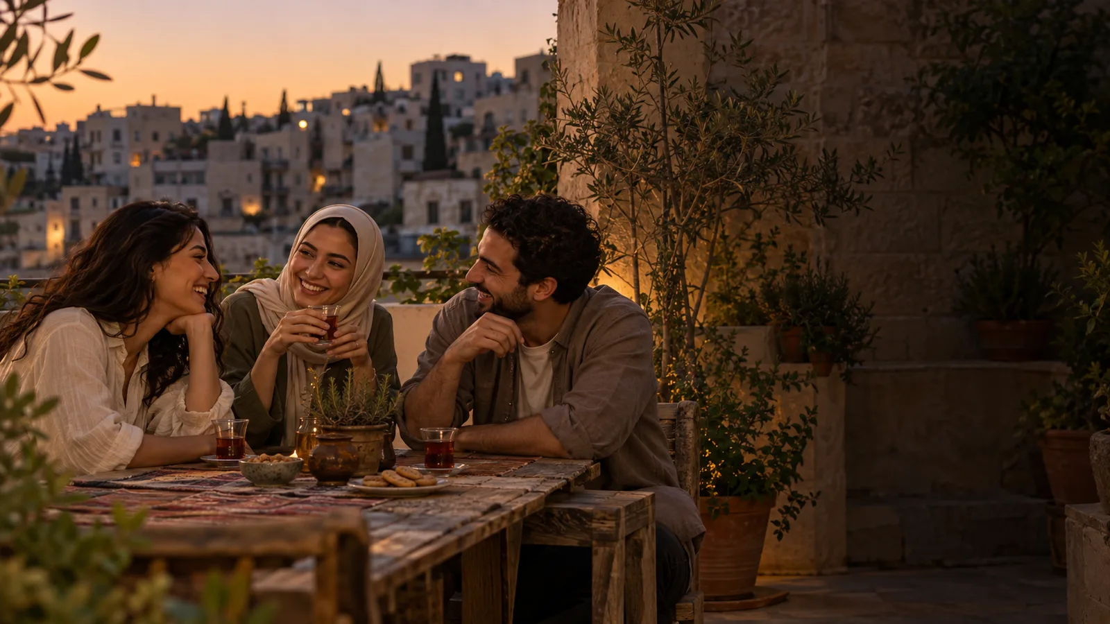 مشهد مولّد لأصدقاء يجتمعون على شرفة دافئة في عمّان.