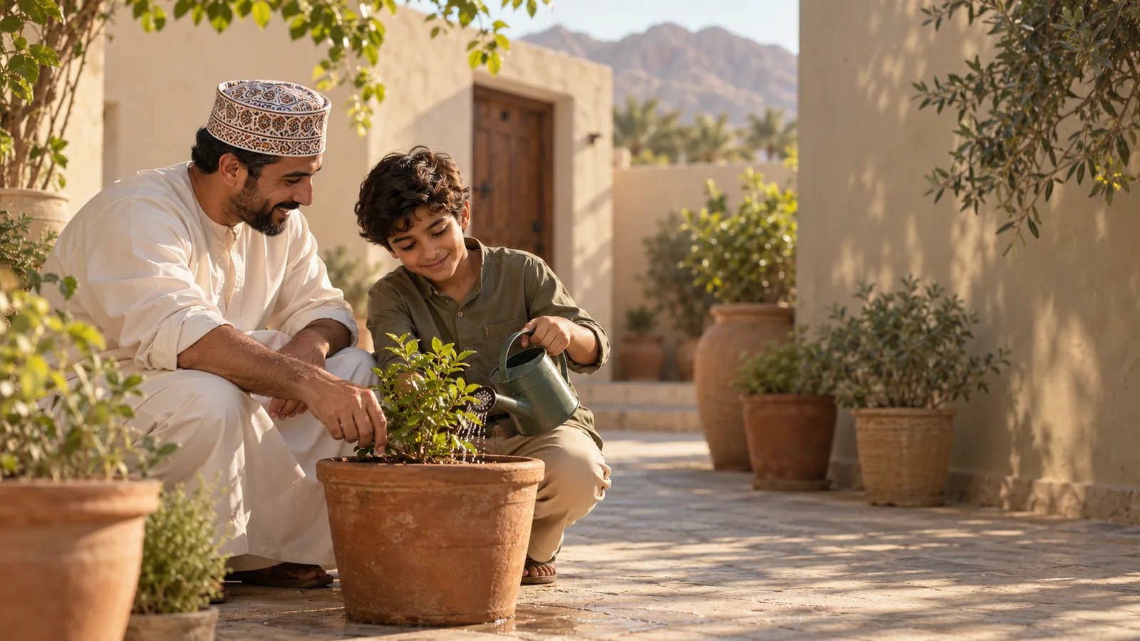 مشهد مولّد لأب وابنه يتشاركان لحظة هادئة في حديقة منزل في عُمان.