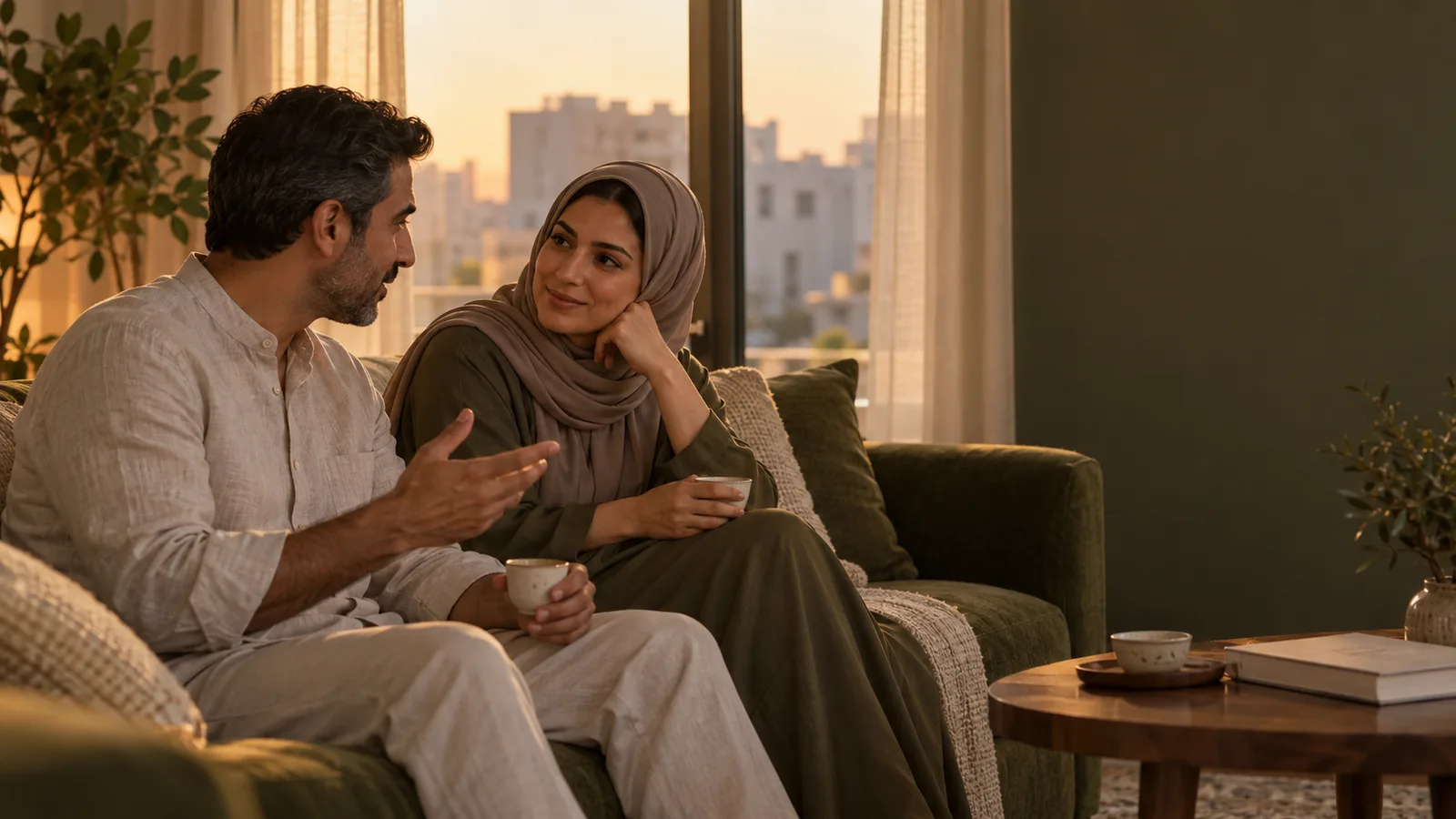 مشهد مولّد لزوجين يتشاركان الشاي في بيت في الدوحة.