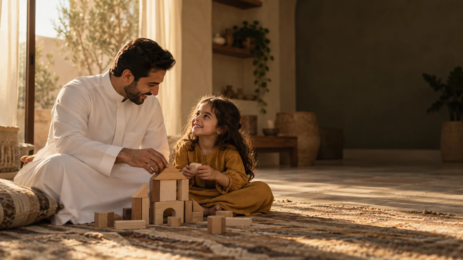 Generated scene of a father and daughter playing with wooden blocks at home in Riyadh.