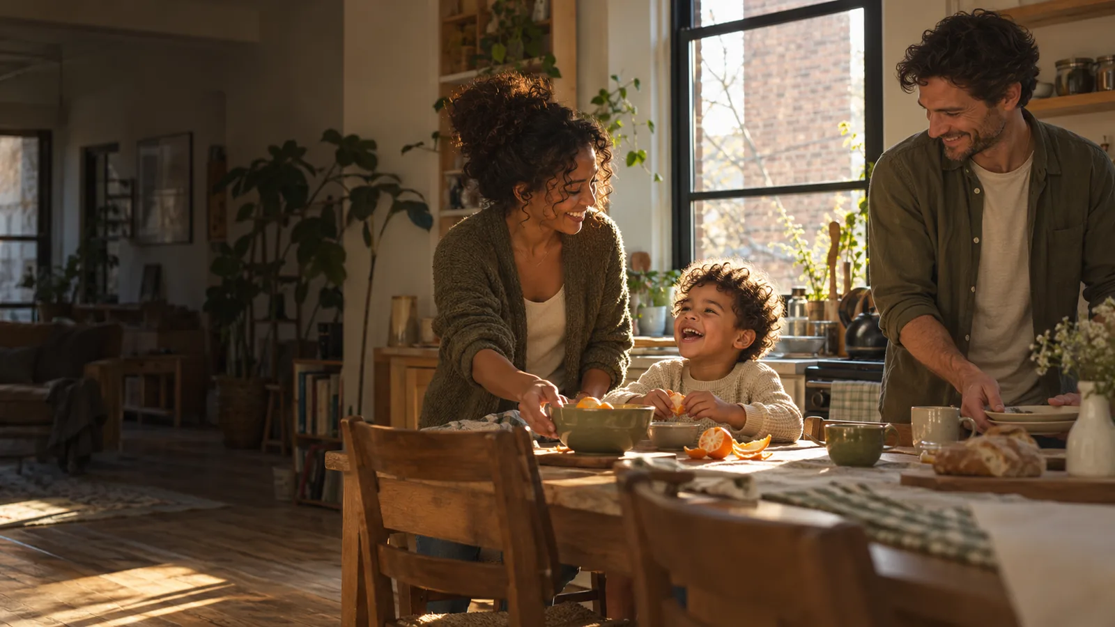 Generated scene of a family laughing as they set the breakfast table in a Chicago apartment.