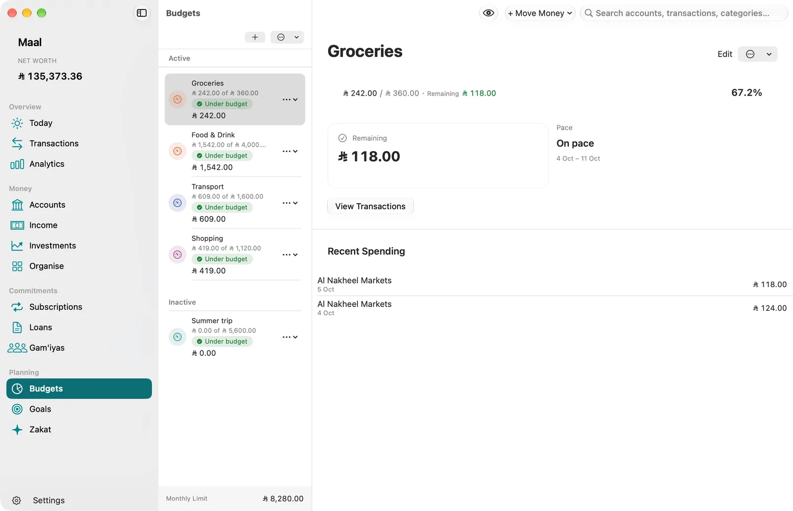 Maal’s Budgets screen on Mac: category budgets showing how much of each limit is spent, and the groceries budget’s remaining amount, pace and recent spending, in Saudi riyals.