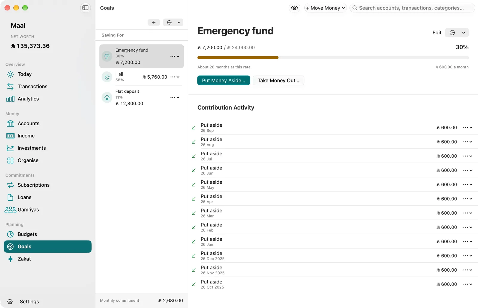Maal’s Goals screen on Mac: savings goals with their progress, and an emergency fund’s saved amount, progress bar and monthly contributions, in Saudi riyals.