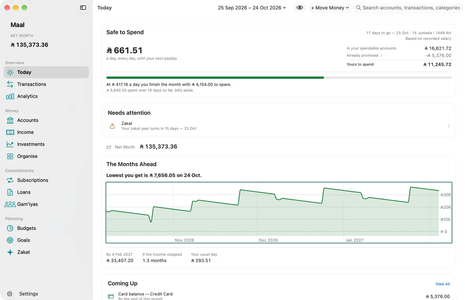 Maal’s Today screen on Mac: what is safe to spend each day until payday, an item that needs attention, net worth, a chart of the balance over the months ahead, and upcoming payments, in Saudi riyals.