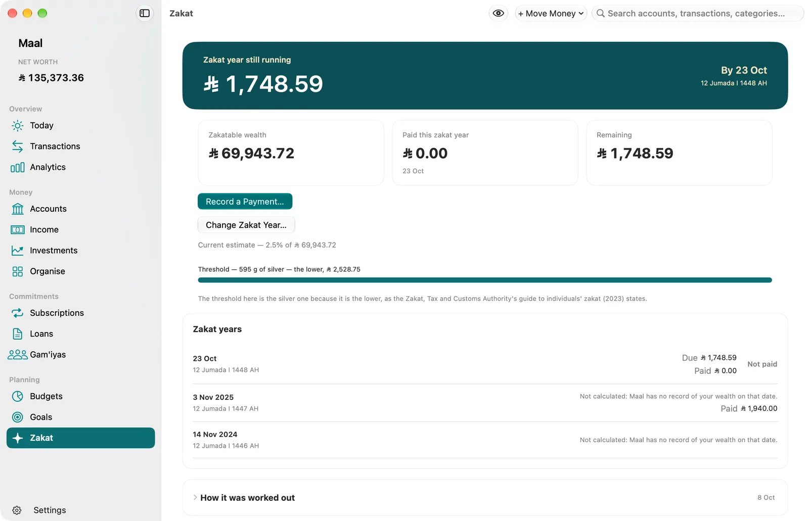 Maal’s Zakat screen on Mac: the estimate for the current zakat year with its Hijri date, zakatable wealth, what is paid and what remains, the nisab threshold, and past zakat years, in Saudi riyals.